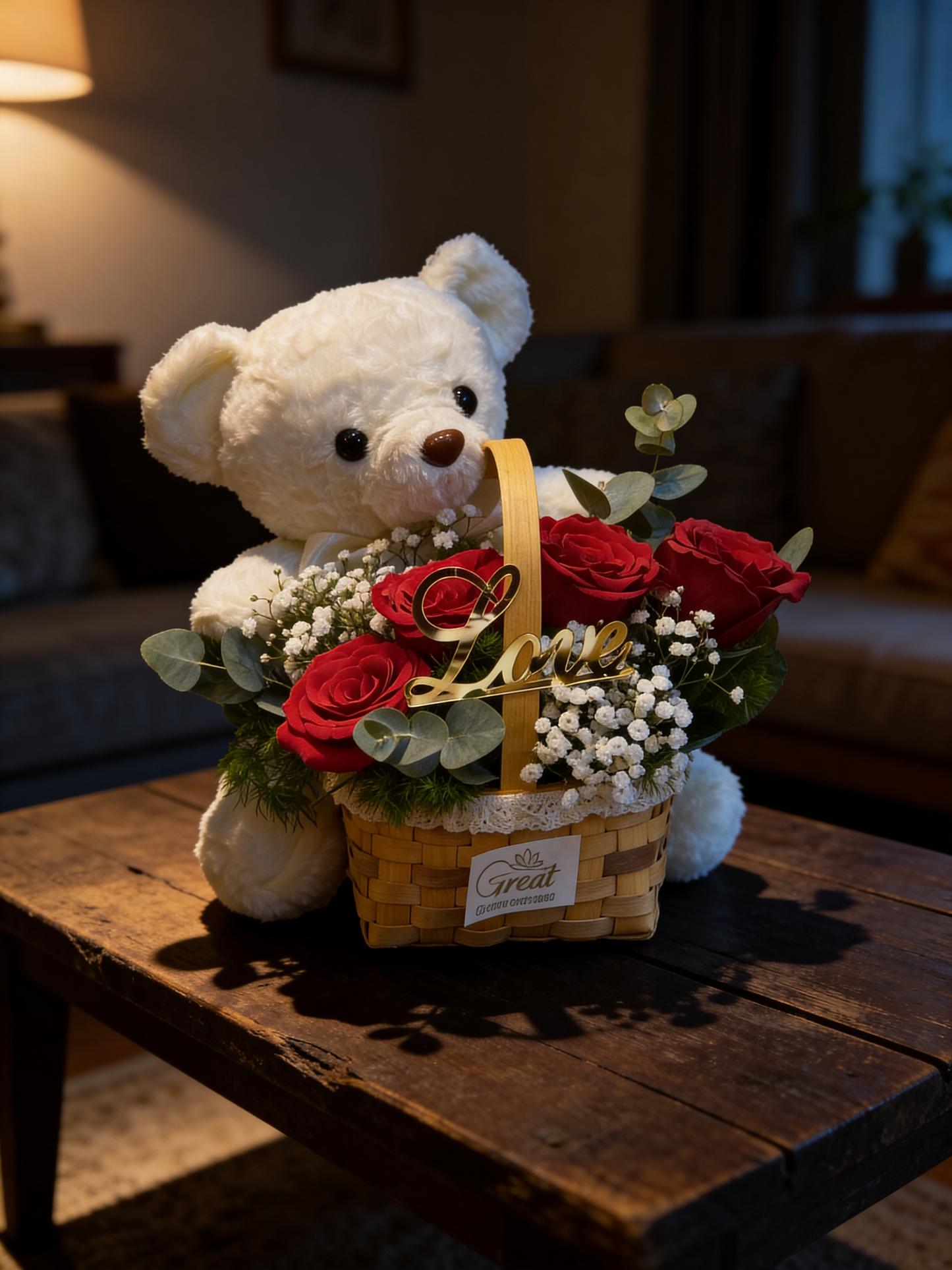 Love and teddy bear basket