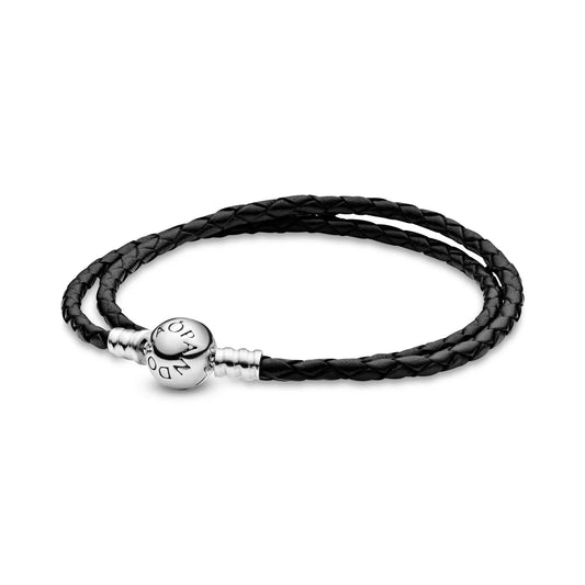 Pandora Moments - Silver leather bracelet, double, black