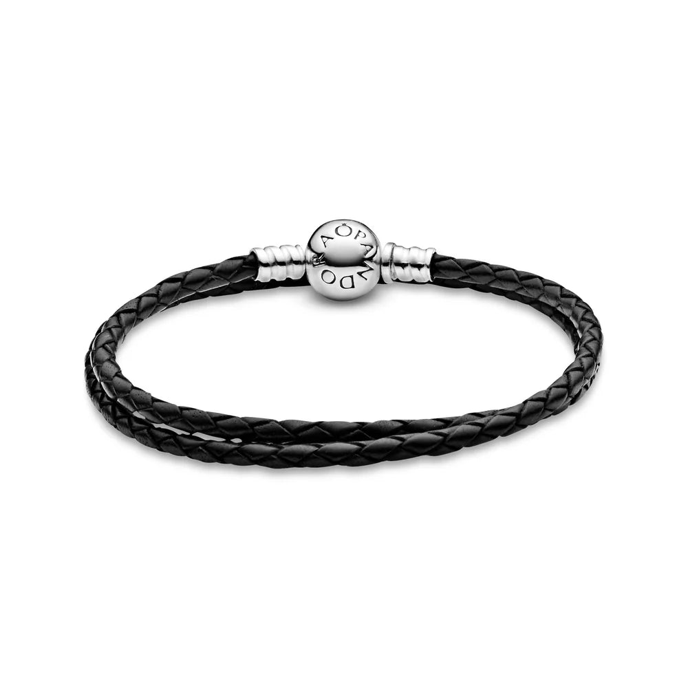 Pandora Moments - Silver leather bracelet, double, black